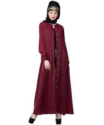Maroon Nazneen Decorative Button Front Open Nida Abaya 6