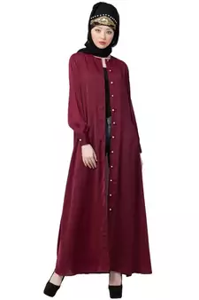 Maroon Nazneen Decorative Button Front Open Nida Abaya