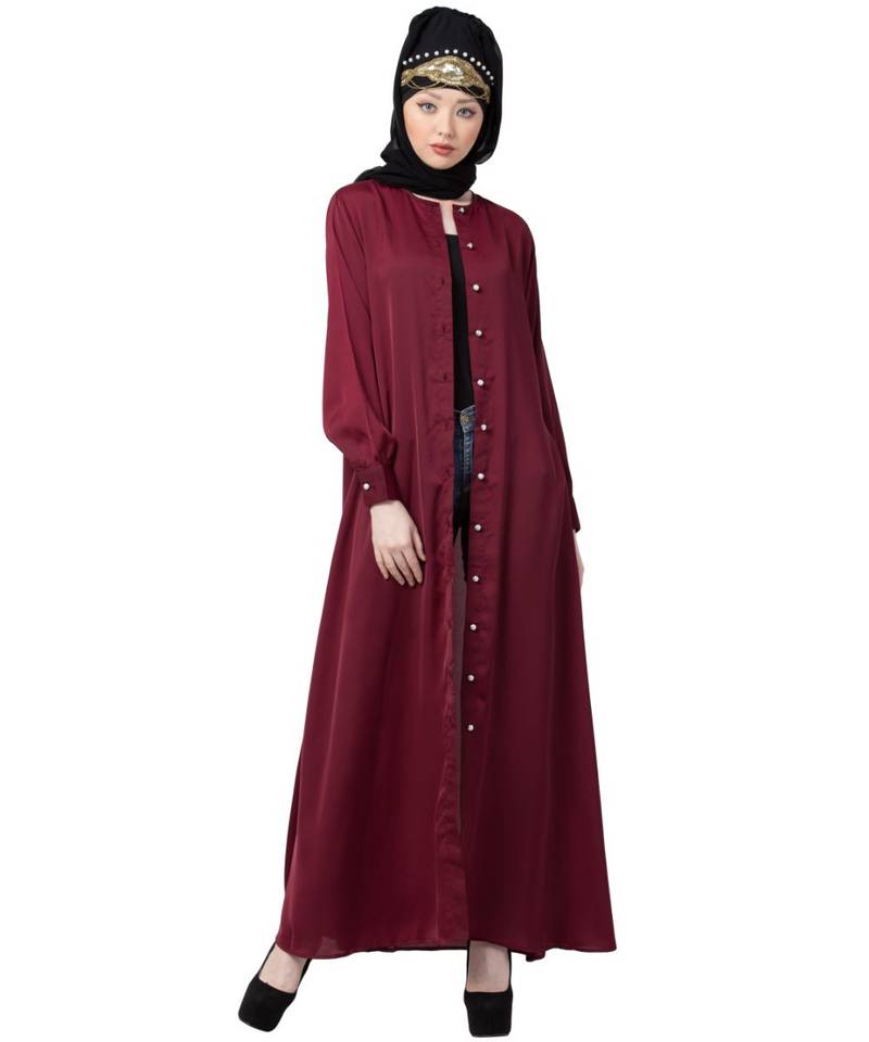 Maroon Nazneen Decorative Button Front Open Nida Abaya