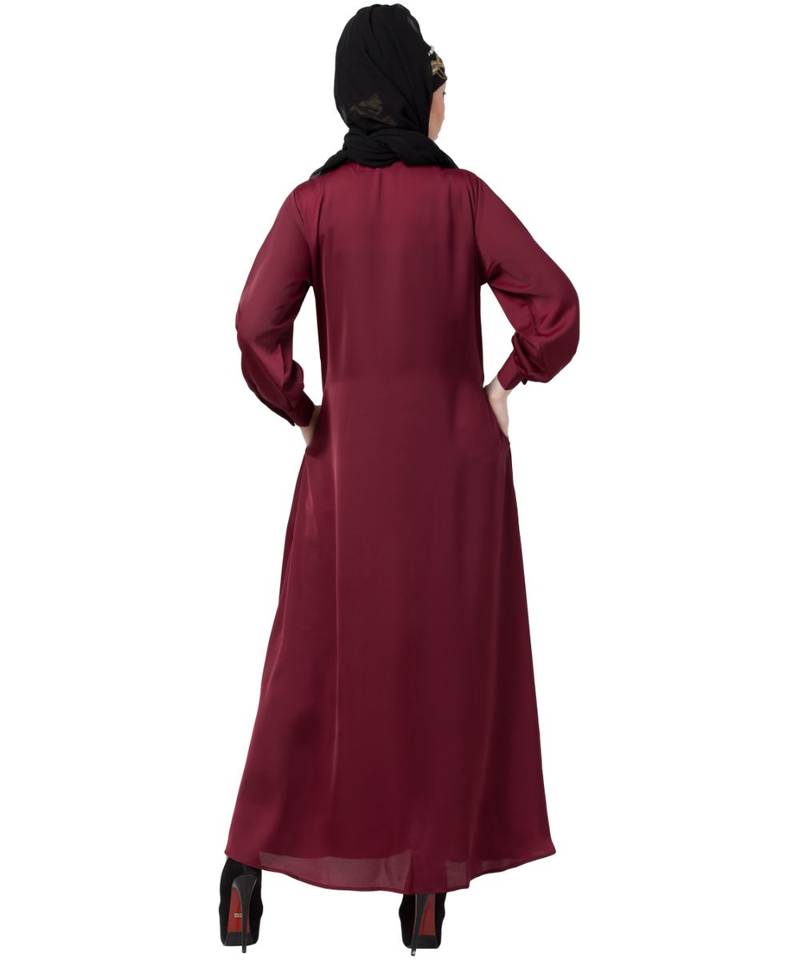 Maroon Nazneen Decorative Button Front Open Nida Abaya