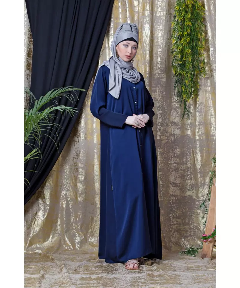 Blue Nazneen Decorative Button Front Open Nida Abaya