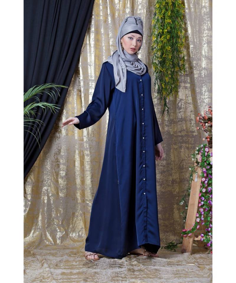 Blue Nazneen Decorative Button Front Open Nida Abaya