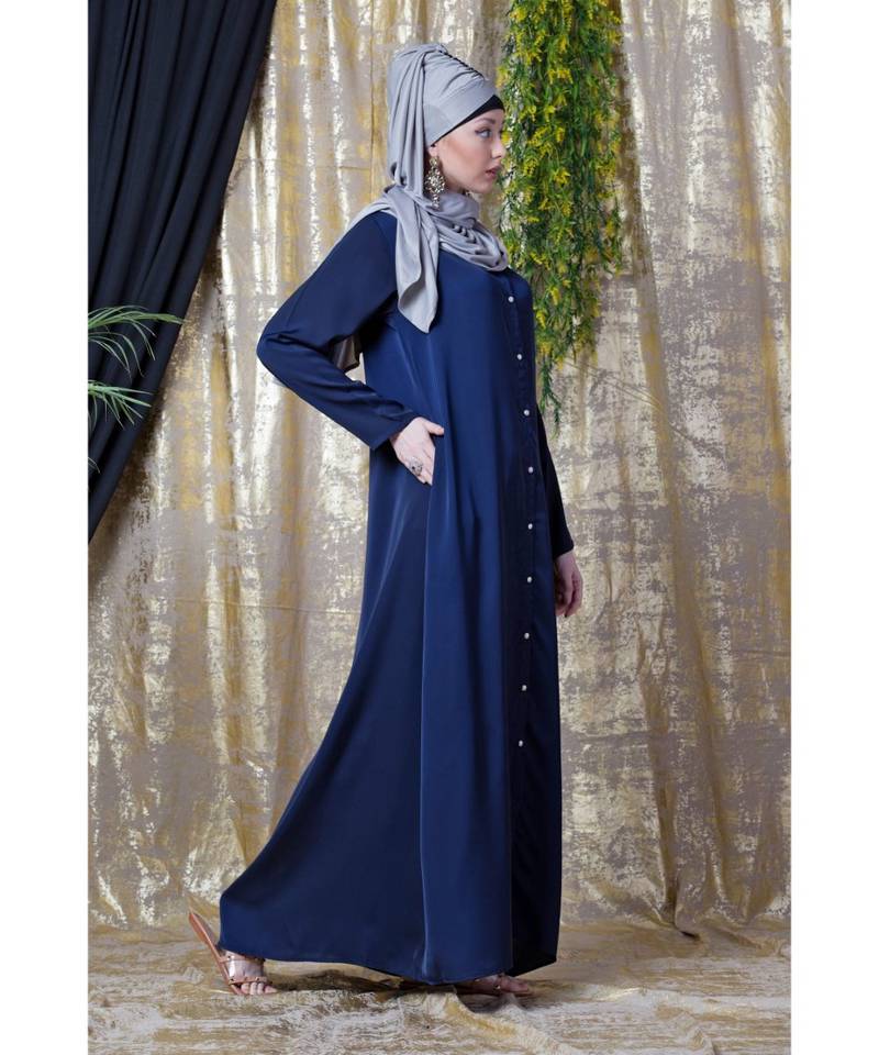 Blue Nazneen Decorative Button Front Open Nida Abaya