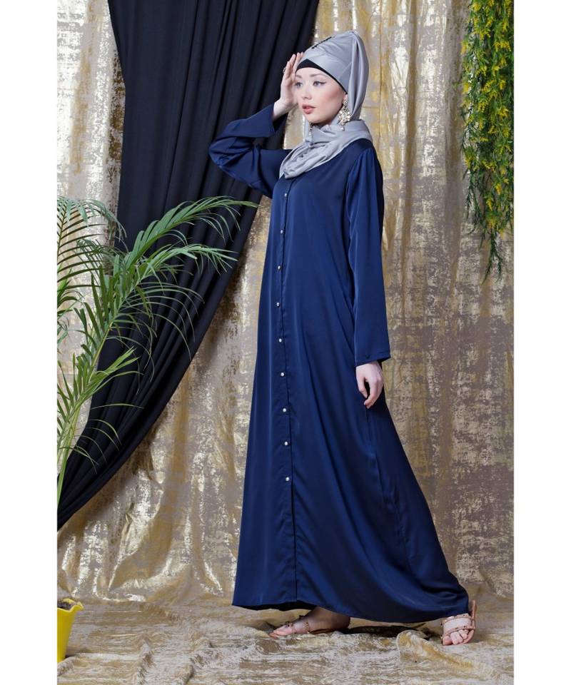 Blue Nazneen Decorative Button Front Open Nida Abaya