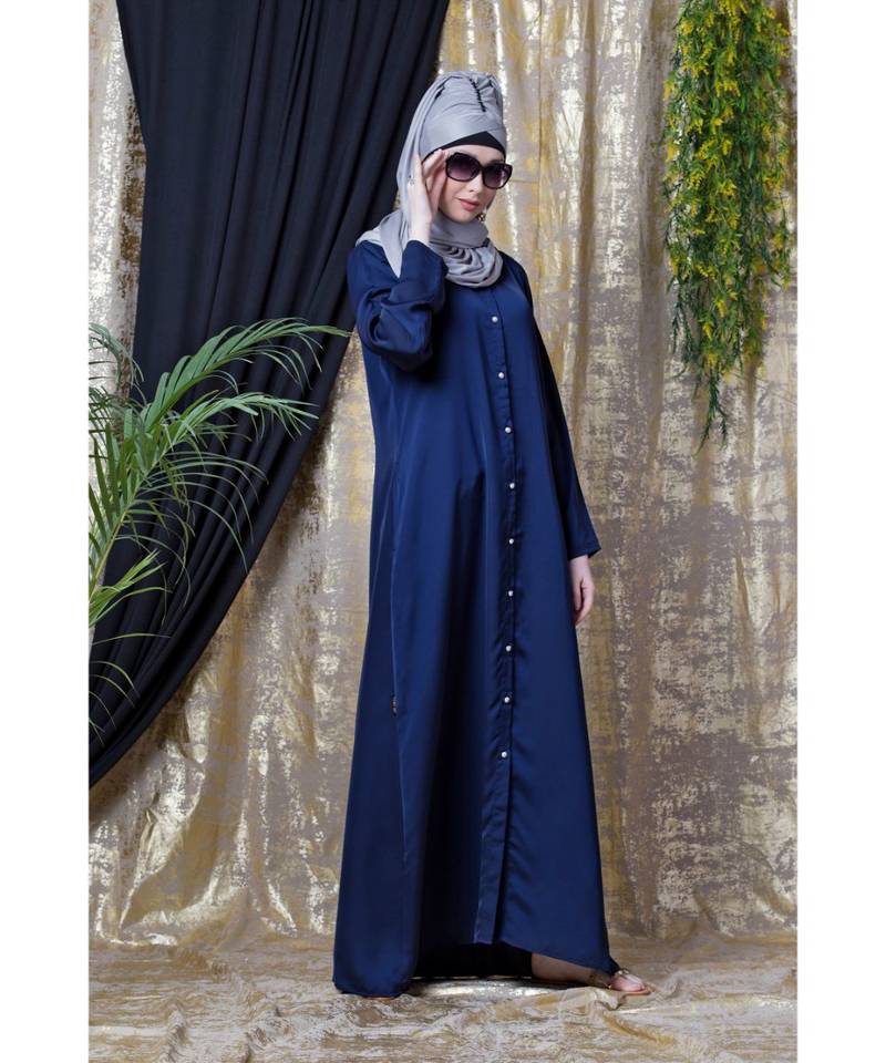 Blue Nazneen Decorative Button Front Open Nida Abaya