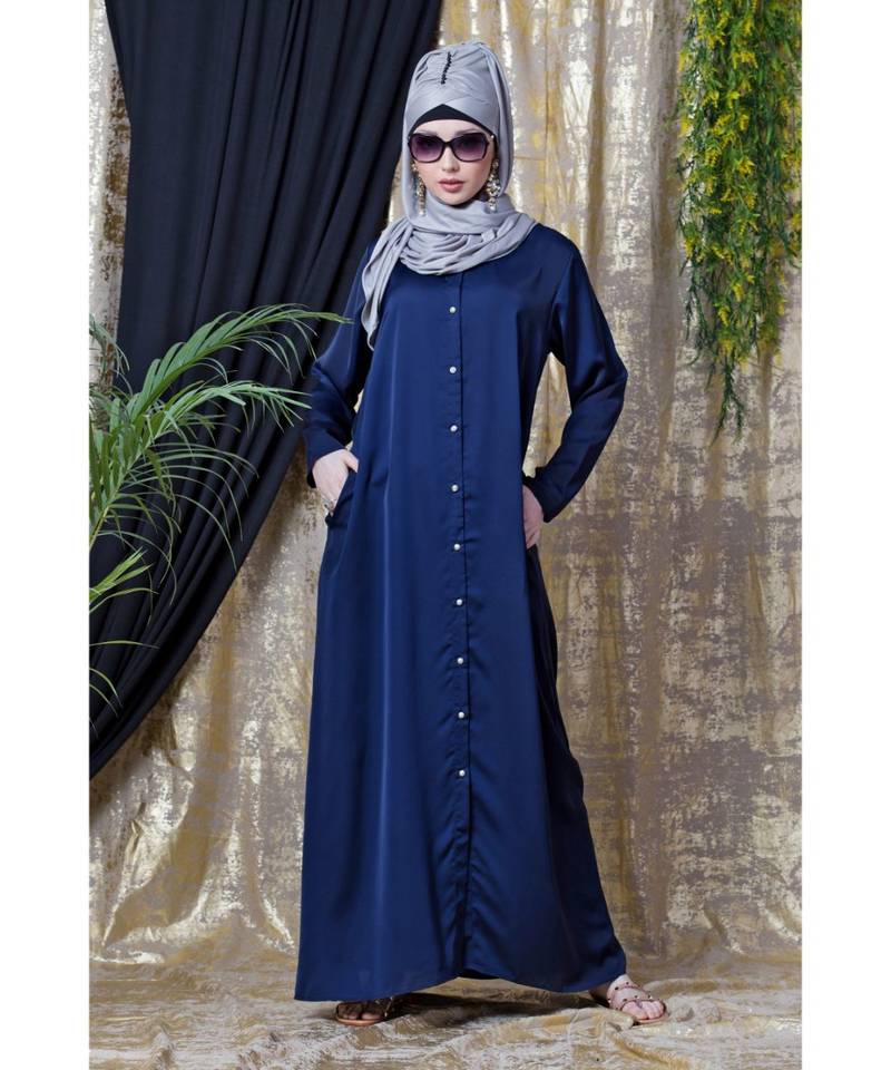 Blue Nazneen Decorative Button Front Open Nida Abaya
