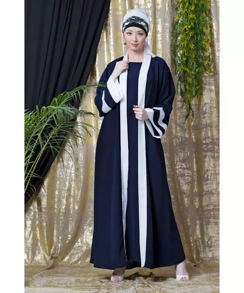 Blue Nazneen Contrast Band With Inner Dubai Kaftan