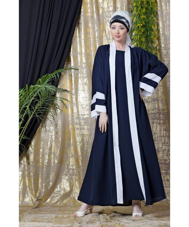 Blue Nazneen Contrast Band With Inner Dubai Kaftan