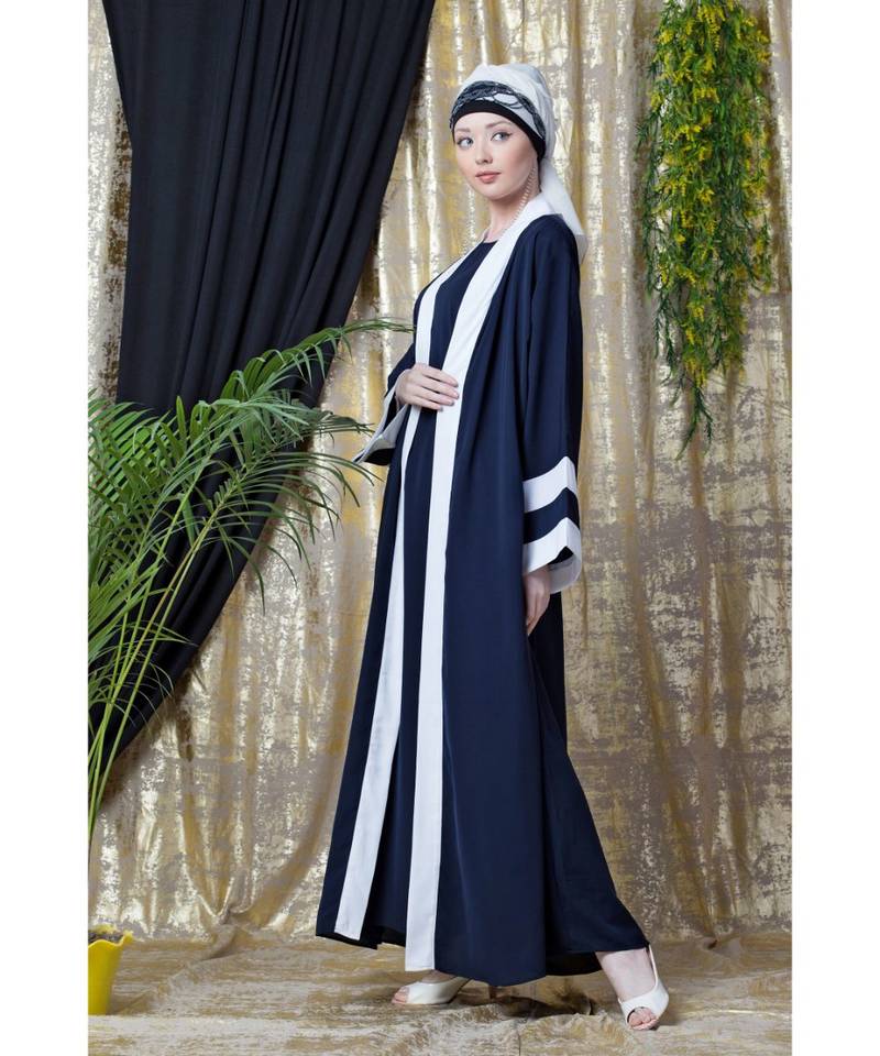 Blue Nazneen Contrast Band With Inner Dubai Kaftan