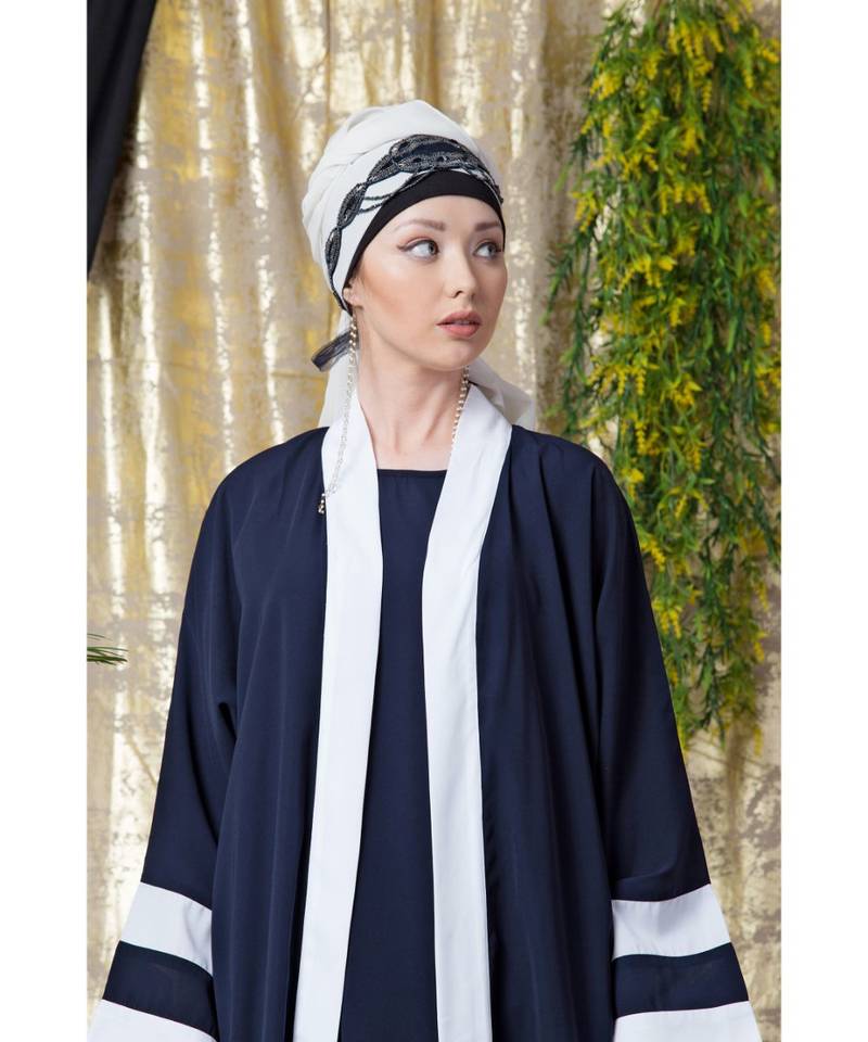 Blue Nazneen Contrast Band With Inner Dubai Kaftan