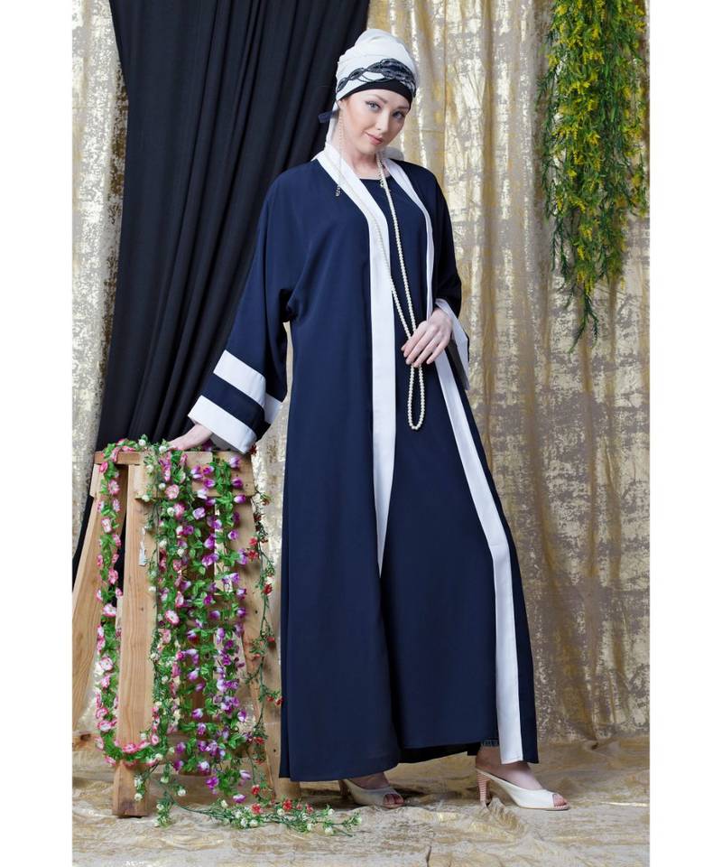 Blue Nazneen Contrast Band With Inner Dubai Kaftan