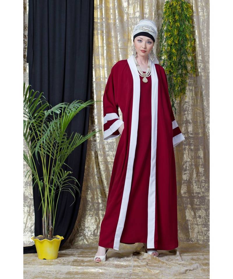Maroon Nazneen Contrast Band With Inner Dubai Kaftan