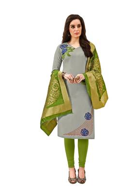 Blissta Grey  Cotton Embroidered Unstitched Salwar Suit With Fancy Border & Banarasi Dupatta 1