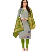 Blissta Grey  Cotton Embroidered Unstitched Salwar Suit With Fancy Border & Banarasi Dupatta