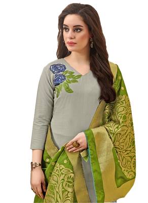 Blissta Grey  Cotton Embroidered Unstitched Salwar Suit With Fancy Border & Banarasi Dupatta 2