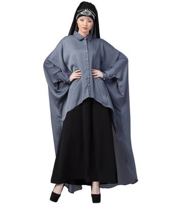 Grey Nazneen Front Open Shirt Kaftan With Inner Casual Abaya 1