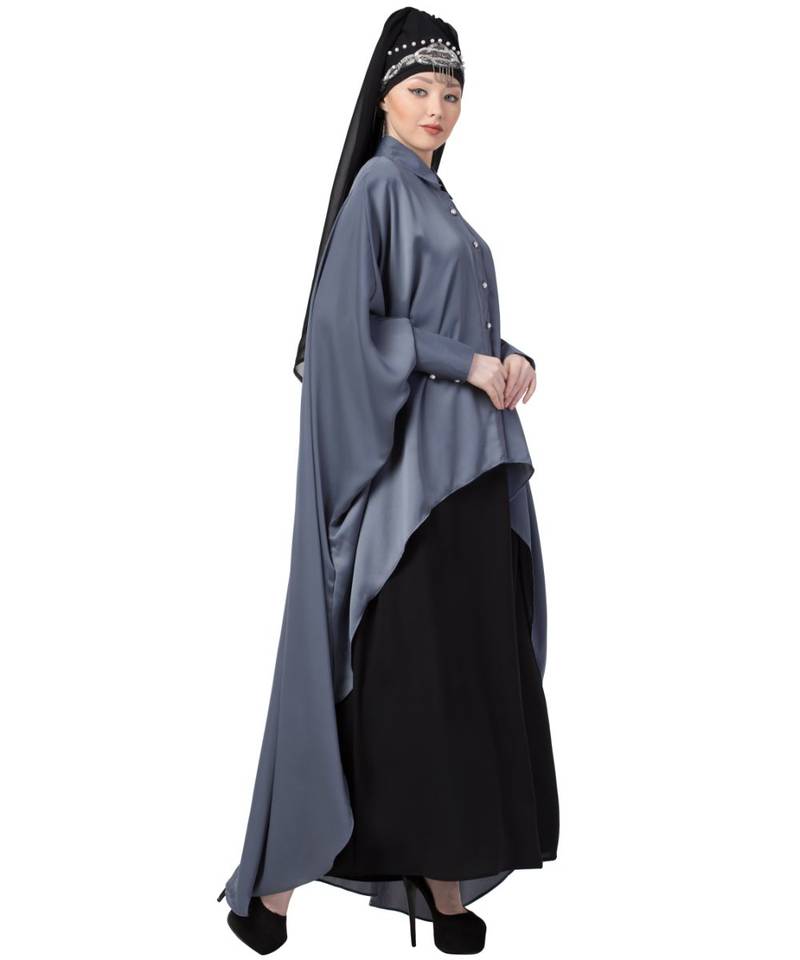 Grey Nazneen Front Open Shirt Kaftan With Inner Casual Abaya