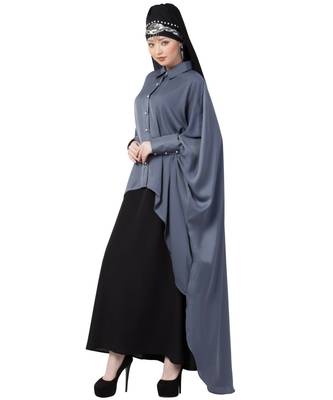 Grey Nazneen Front Open Shirt Kaftan With Inner Casual Abaya 3