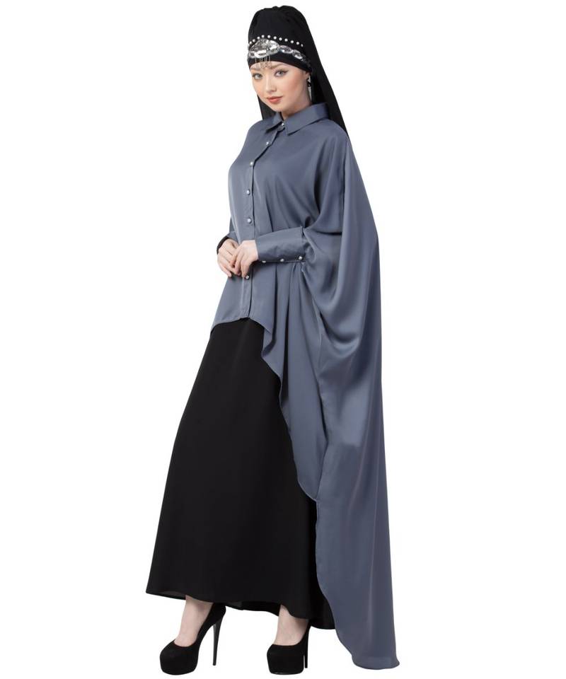 Grey Nazneen Front Open Shirt Kaftan With Inner Casual Abaya