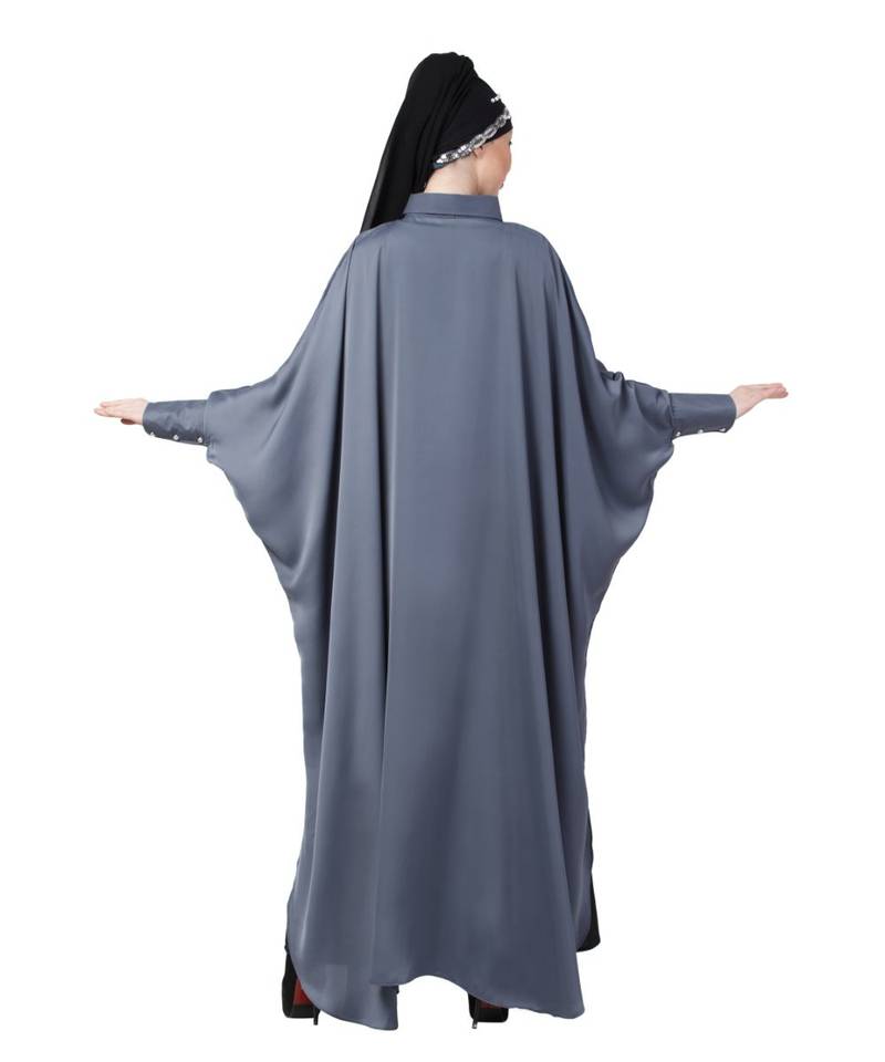 Grey Nazneen Front Open Shirt Kaftan With Inner Casual Abaya