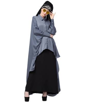 Grey Nazneen Front Open Shirt Kaftan With Inner Casual Abaya 6