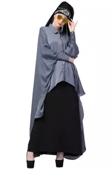 Grey Nazneen Front Open Shirt Kaftan With Inner Casual Abaya
