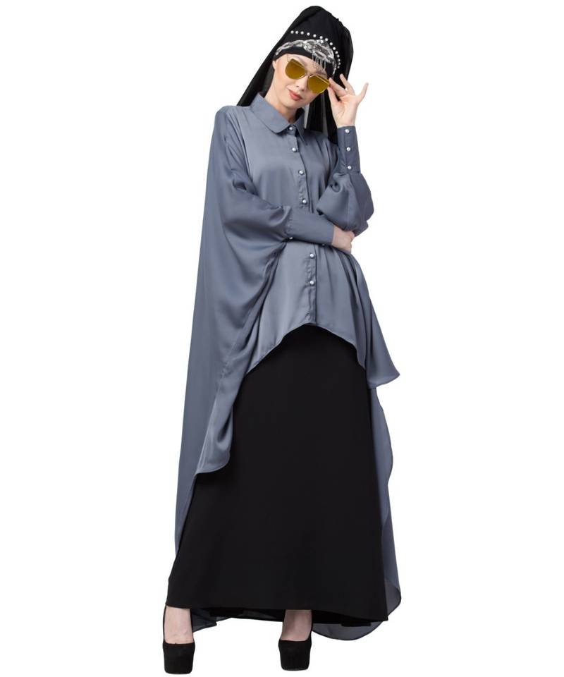 Grey Nazneen Front Open Shirt Kaftan With Inner Casual Abaya