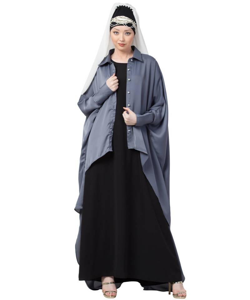 Grey Nazneen Front Open Shirt Kaftan With Inner Casual Abaya