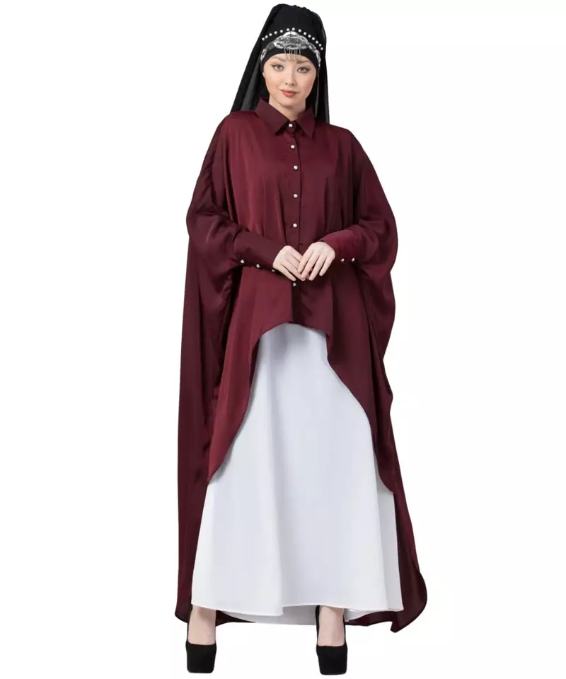 Maroon Nazneen Front Open Shirt Kaftan With Inner Casual Abaya