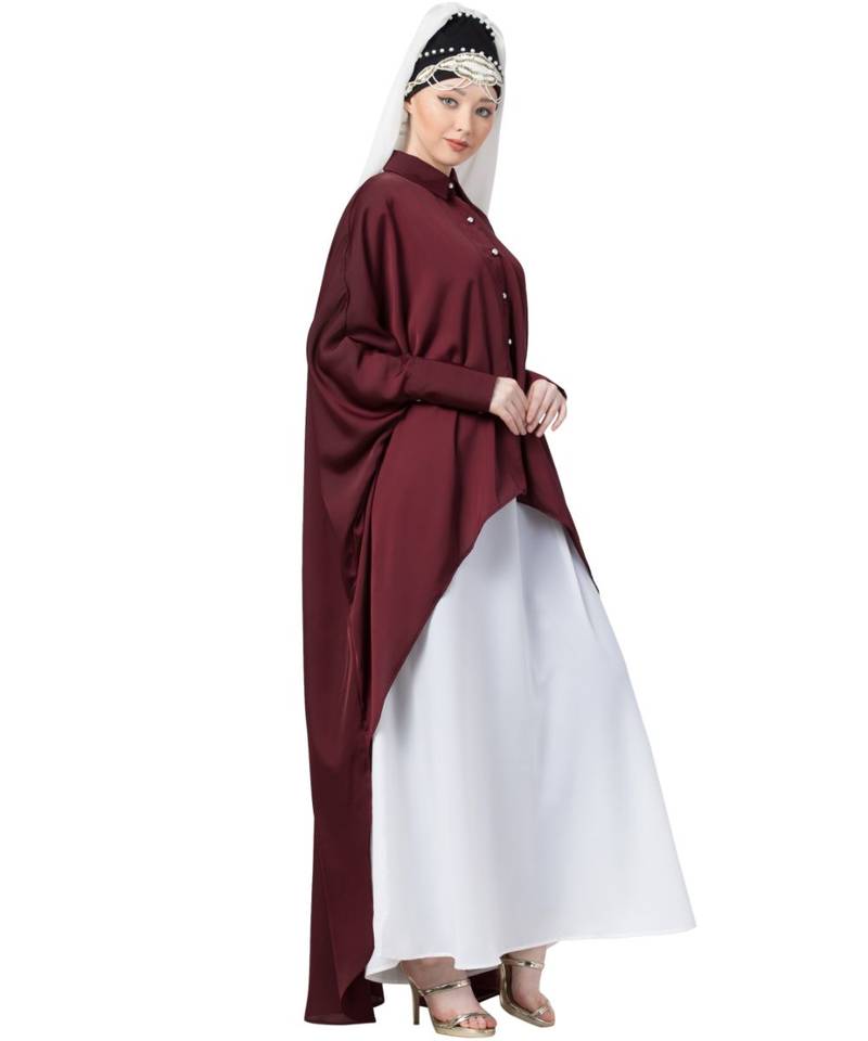 Maroon Nazneen Front Open Shirt Kaftan With Inner Casual Abaya