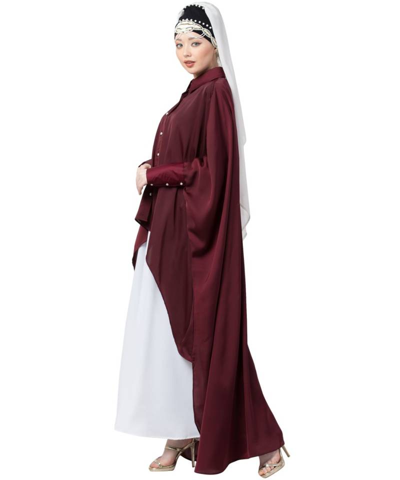 Maroon Nazneen Front Open Shirt Kaftan With Inner Casual Abaya