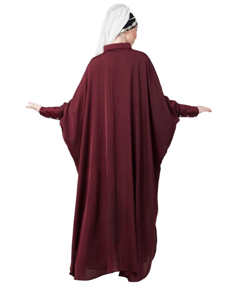 Maroon Nazneen Front Open Shirt Kaftan With Inner Casual Abaya