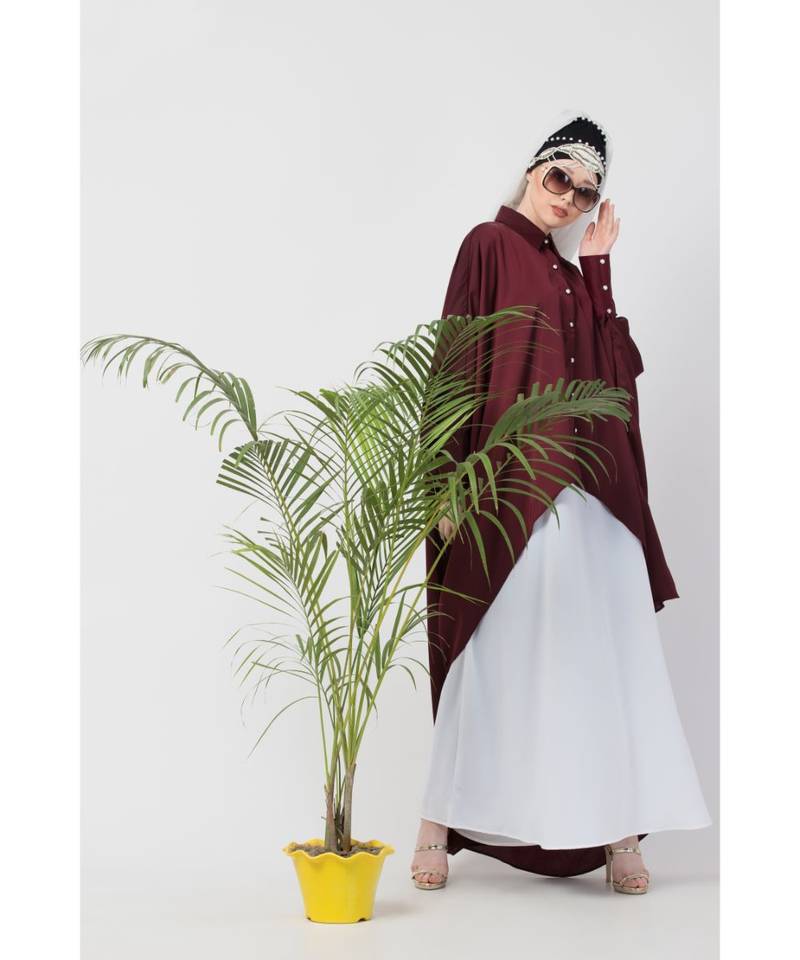 Maroon Nazneen Front Open Shirt Kaftan With Inner Casual Abaya