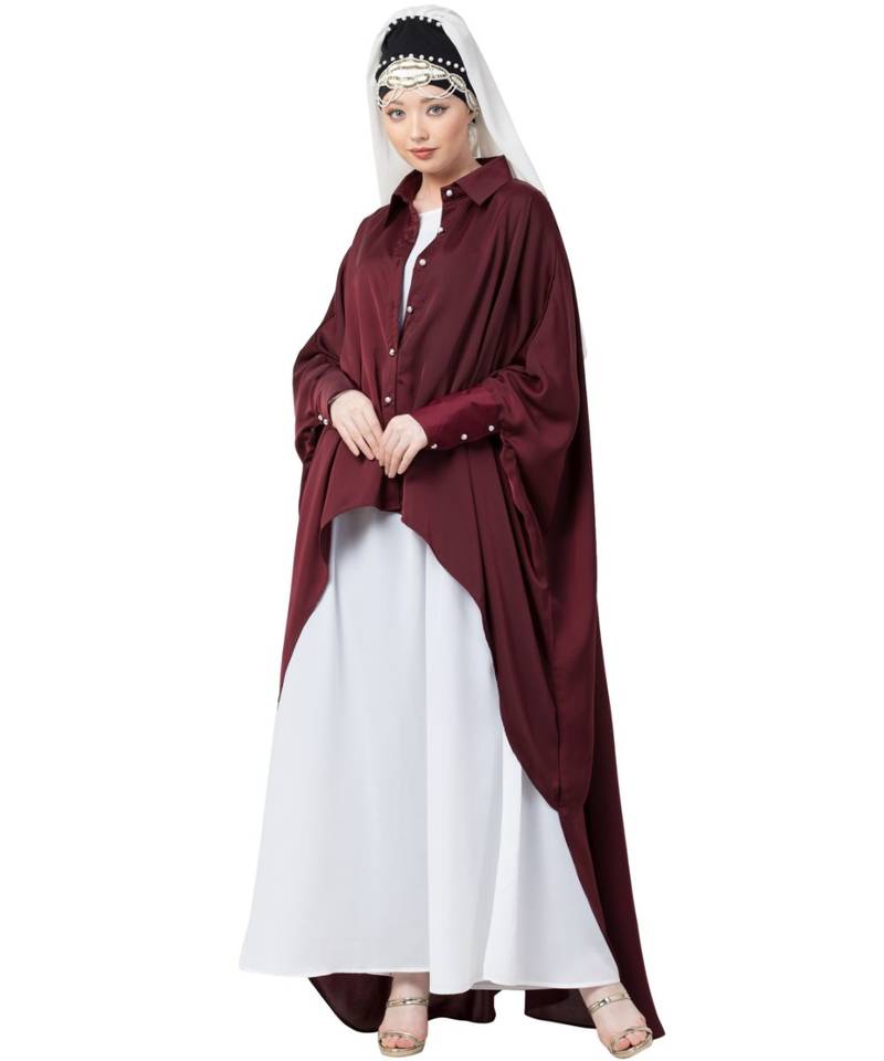 Maroon Nazneen Front Open Shirt Kaftan With Inner Casual Abaya