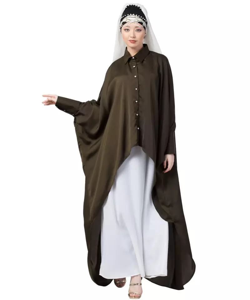 Green Nazneen Front Open Shirt Kaftan With Inner Casual Abaya