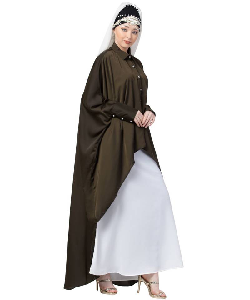 Green Nazneen Front Open Shirt Kaftan With Inner Casual Abaya