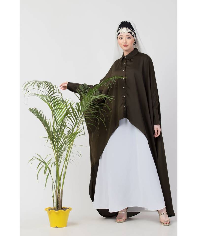 Green Nazneen Front Open Shirt Kaftan With Inner Casual Abaya