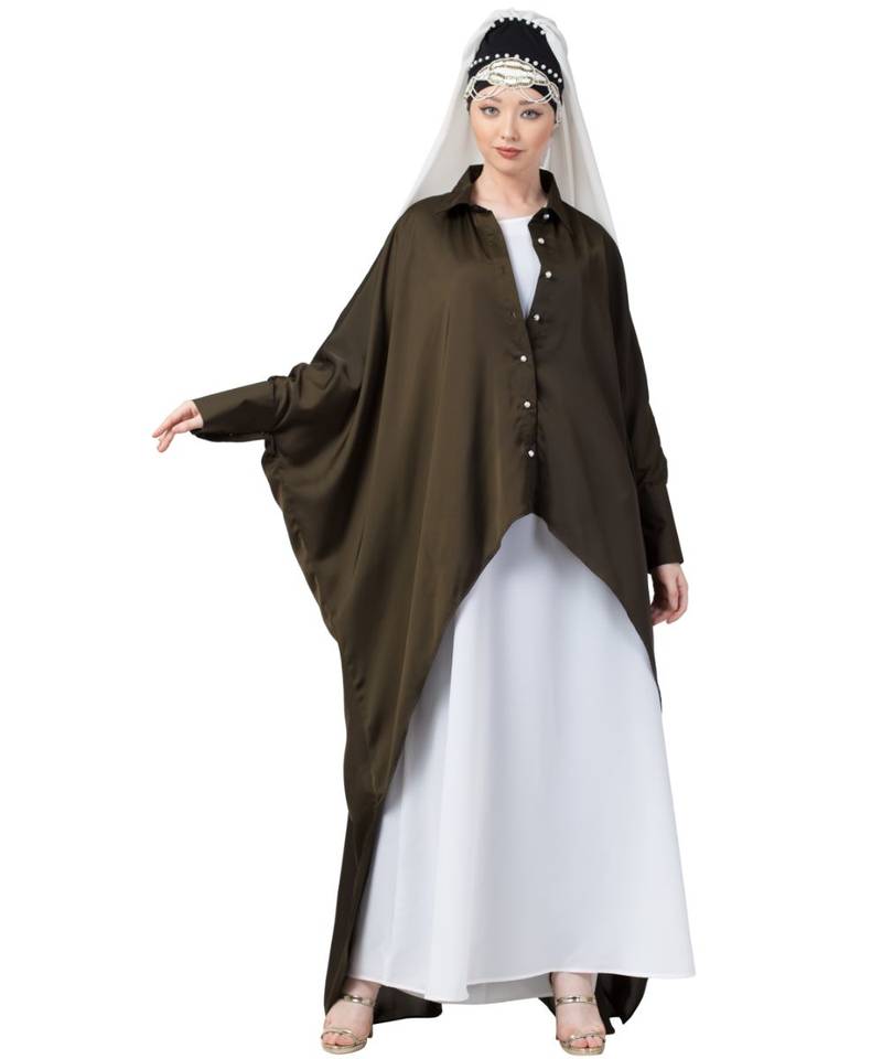 Green Nazneen Front Open Shirt Kaftan With Inner Casual Abaya