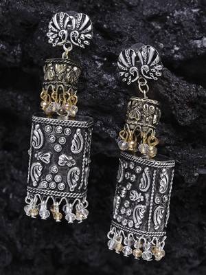 Handcrafted Champagne and White Stones Filigree Gold and Silver Plated Brass Jhumkas 1