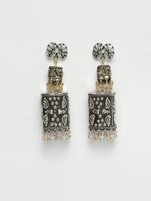 Handcrafted Champagne and White Stones Filigree Gold and Silver Plated Brass Jhumkas 2