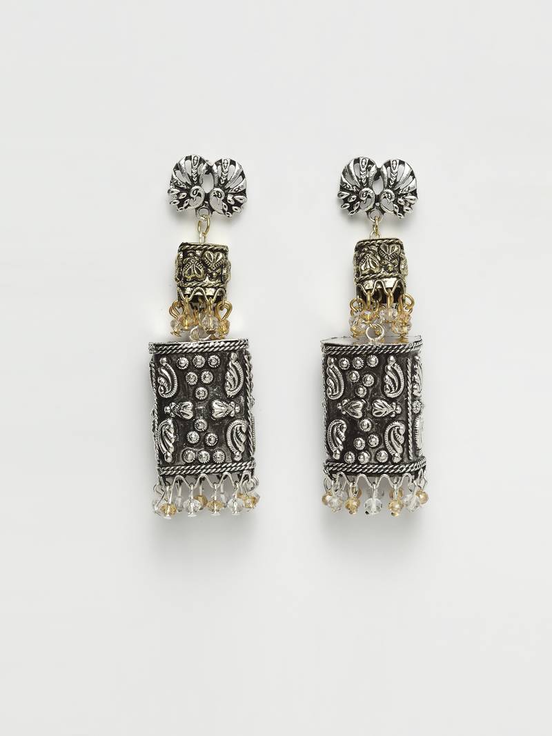 Handcrafted Champagne and White Stones Filigree Gold and Silver Plated Brass Jhumkas