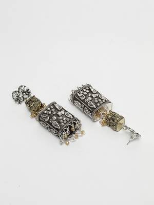 Handcrafted Champagne and White Stones Filigree Gold and Silver Plated Brass Jhumkas 3