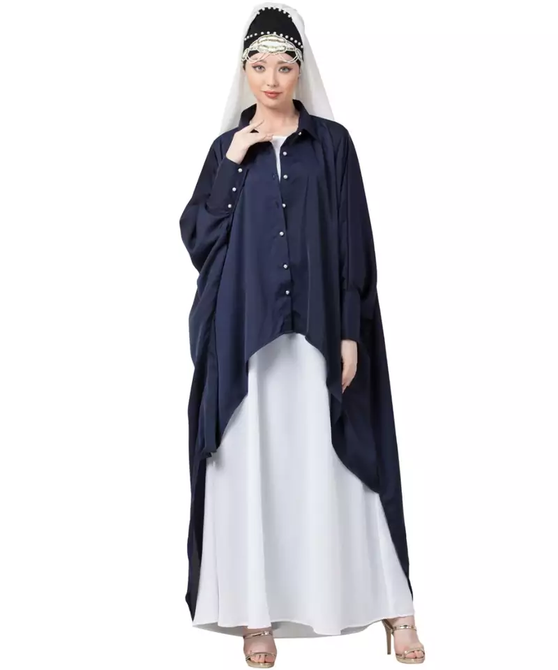 Blue Nazneen Front Open Shirt Kaftan With Inner Casual Abaya