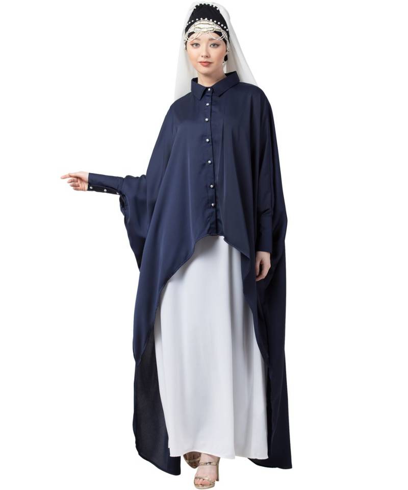 Blue Nazneen Front Open Shirt Kaftan With Inner Casual Abaya