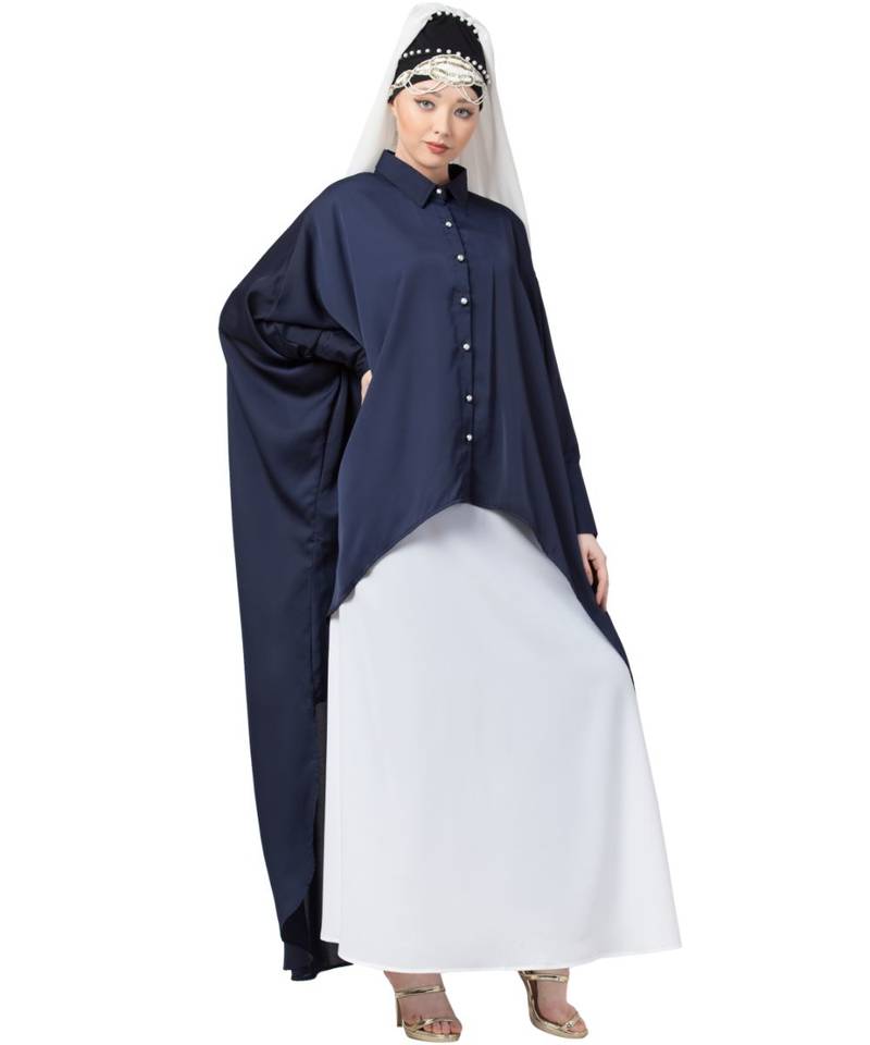 Blue Nazneen Front Open Shirt Kaftan With Inner Casual Abaya