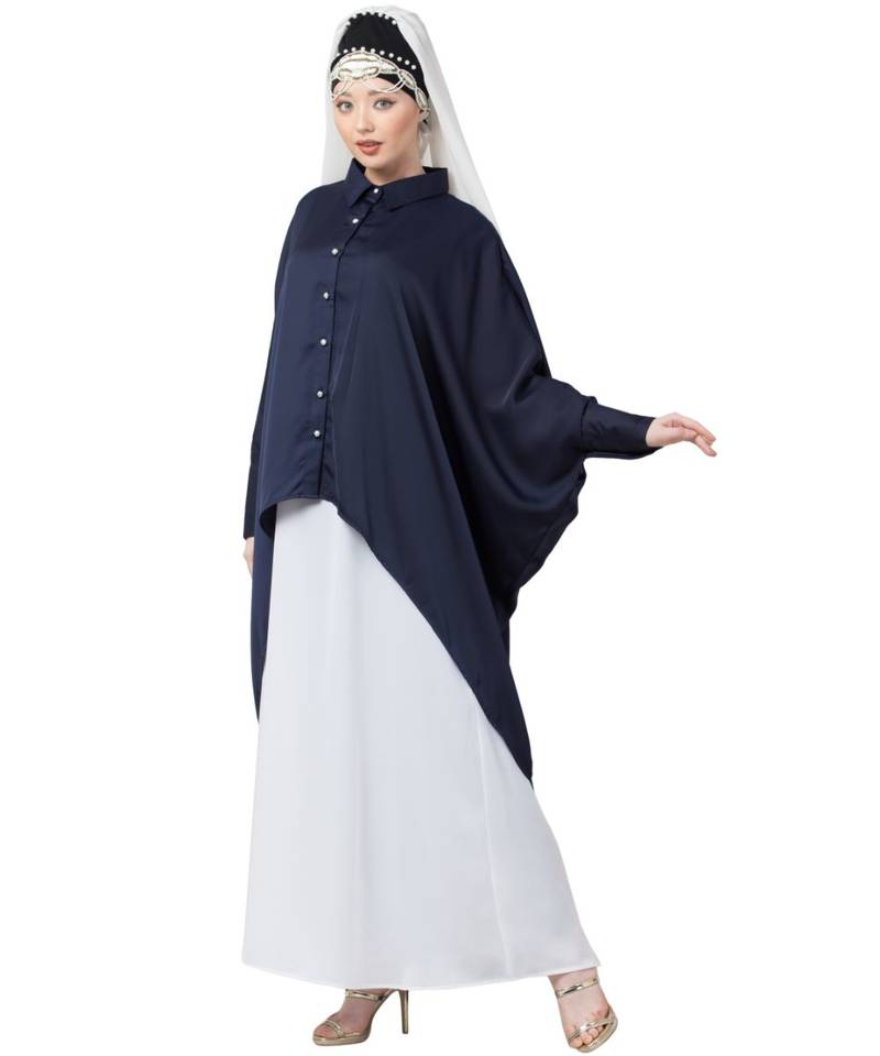 Blue Nazneen Front Open Shirt Kaftan With Inner Casual Abaya