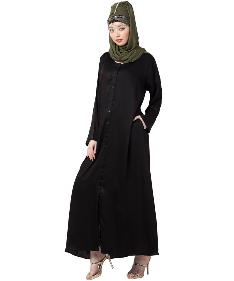 Black Front Open V Neck Black Nida Abaya