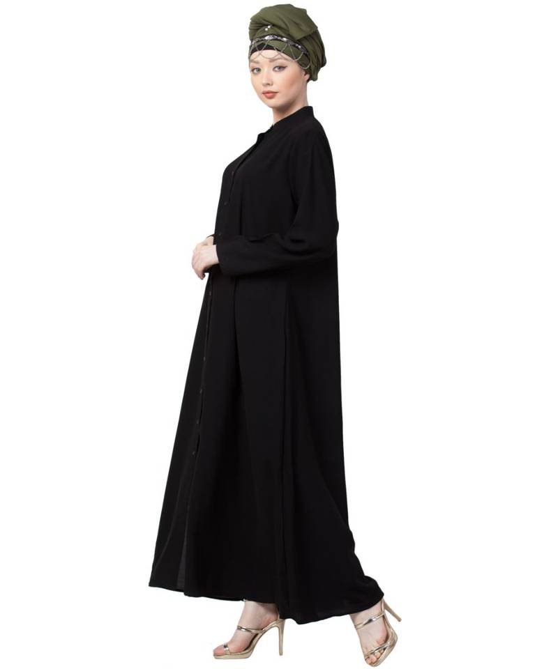 Black Nazneen Front Open Chinese Collar Casual Abaya