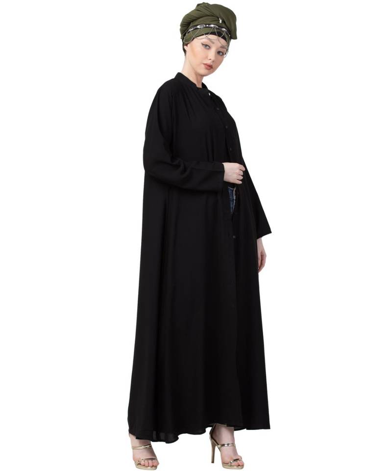 Black Nazneen Front Open Chinese Collar Casual Abaya