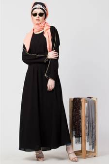 Black Nazneen Golden Piping At Sleeve Casual Abaya